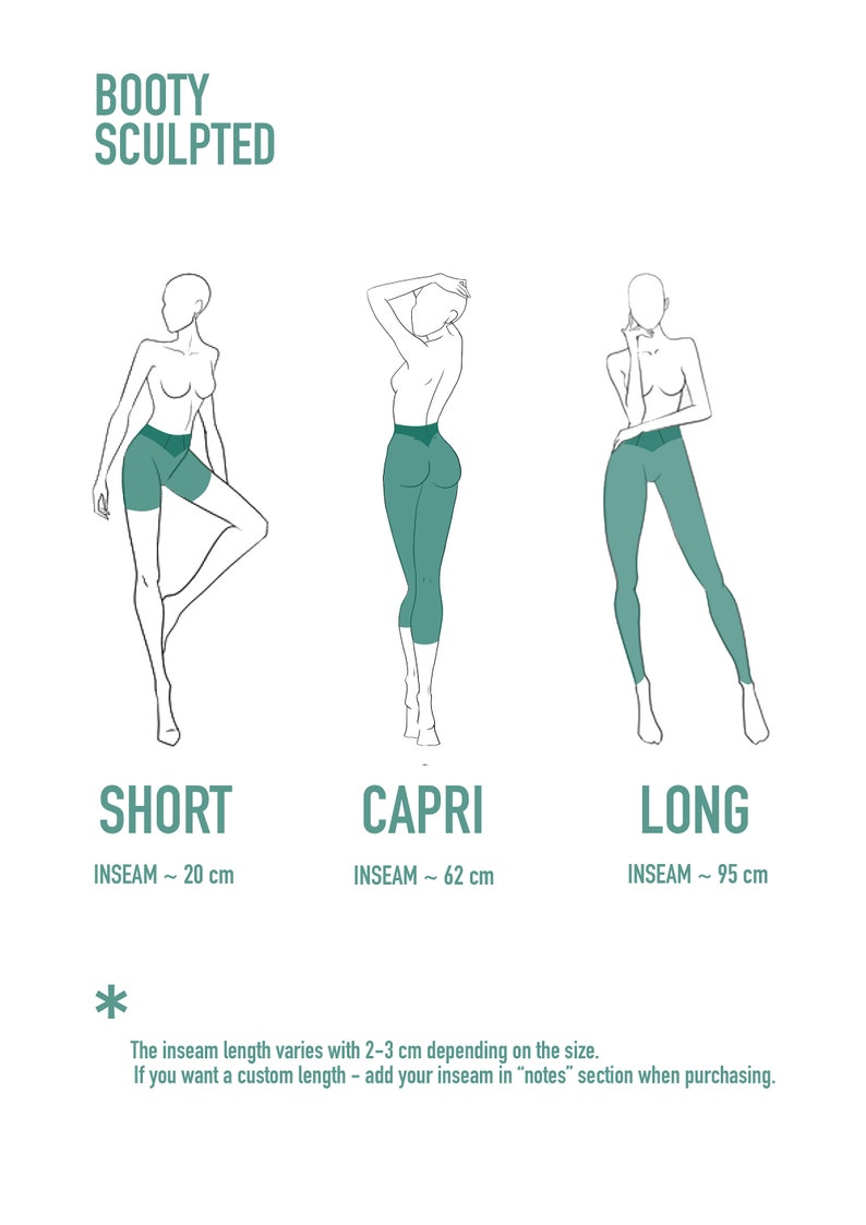 May include: Diagram of three types of leggings: short, capri, and long. Each style is shown on a figure with the inseam measurements in centimeters. The text "BOOTY SCULPTED" is at the top.