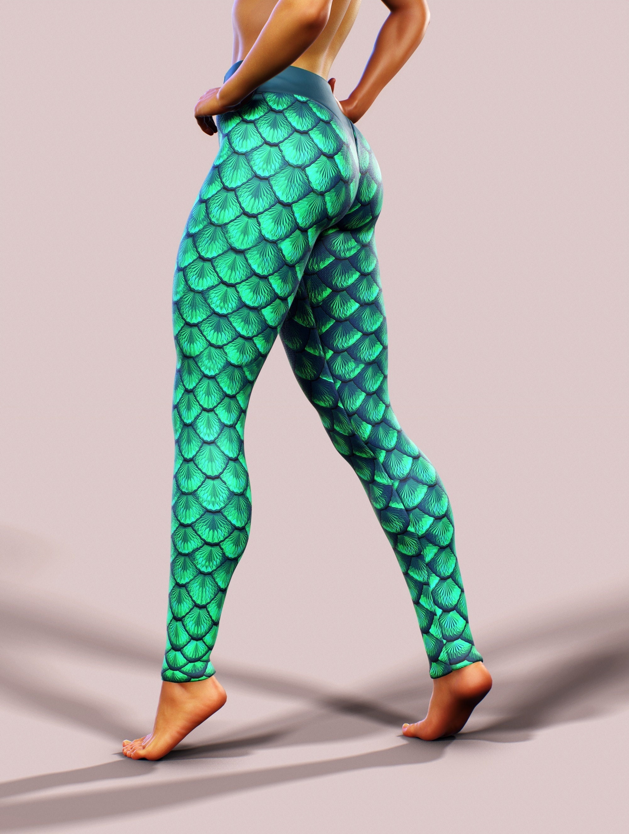 Blue Fish Scale Leggings with pockets UPF 50+