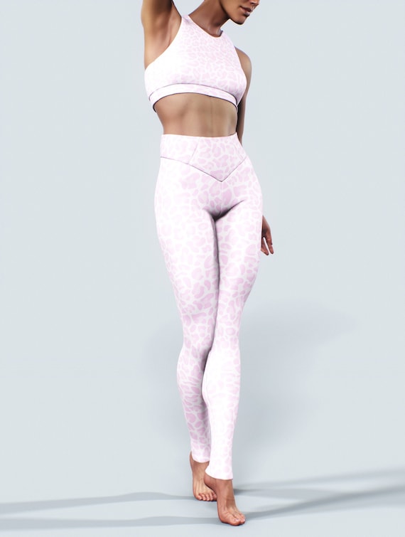 Soft Pink Leopard Leggings Big Cat Pattern Women Activewear Animal