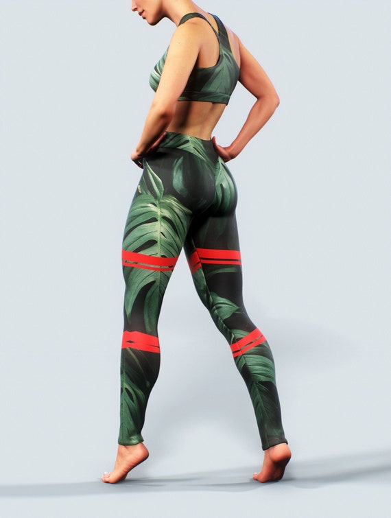 Tropical Leggings Push up Sportswear Bike Shorts Jungle Leaves Printed  Tights Green Women Activewear Floral Push up Bottoms Workout Gym 