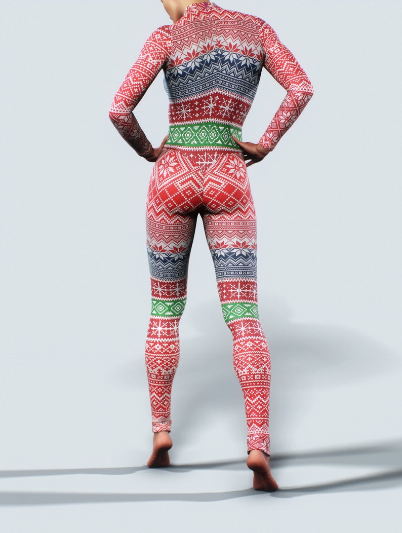 2020 Christmas Unitard Workout Bodysuit Sports Jumpsuit Women Activewear Ladies Zipper Full Body Playsuit Red Xmas Catsuit Gym Snowflake image 10