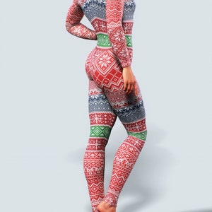 2020 Christmas Unitard Workout Bodysuit Sports Jumpsuit Women Activewear Ladies Zipper Full Body Playsuit Red Xmas Catsuit Gym Snowflake image 8