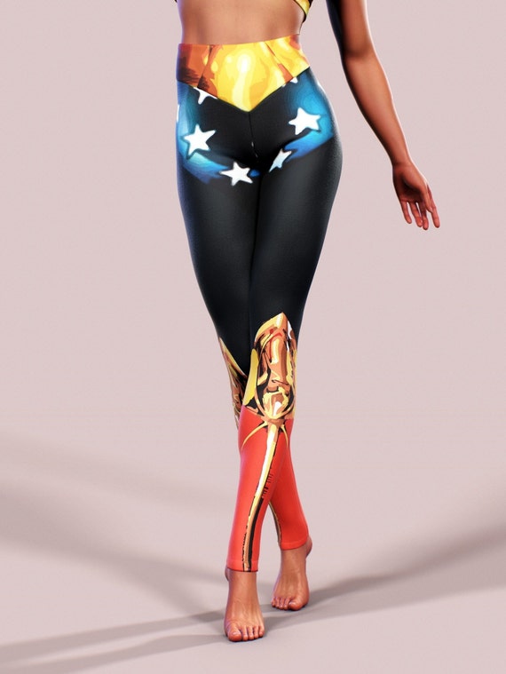 Wonder Woman Super Hero Blue Stars Pants Fold Over/Low Rise Legging  SXYFITNESS