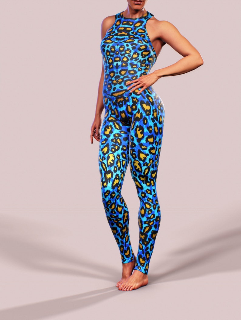 May include: A blue and gold leopard print jumpsuit with a racerback style.