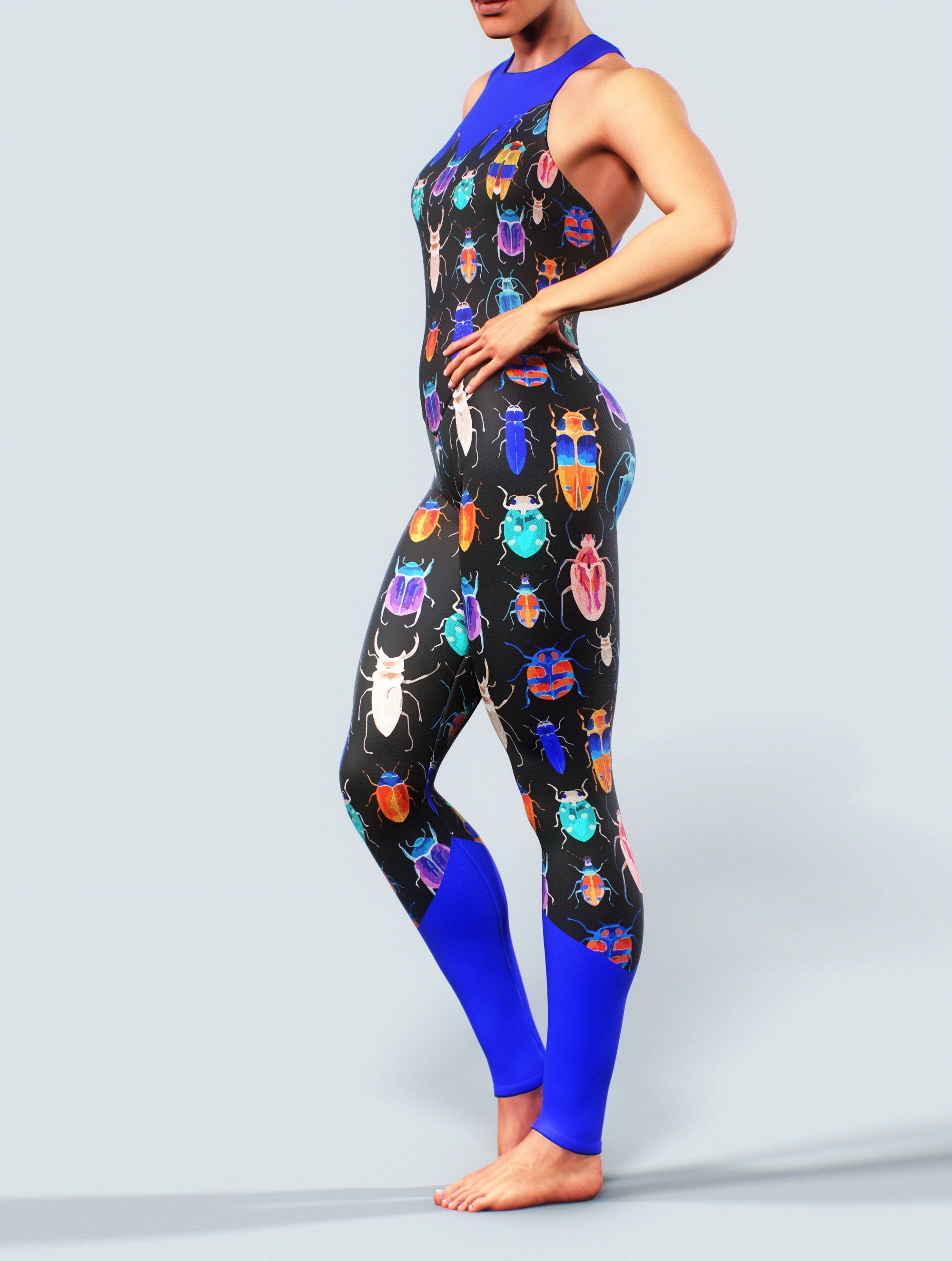Beetle Workout Catsuit | Bug Pattern Colorful Bodysuit Printed Handmade Activewear Straps Open Back One Piece Jumpsuit Stretch Yoga Romper