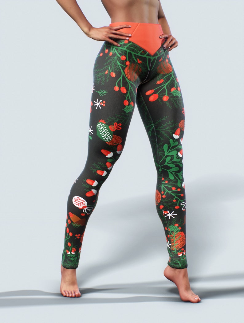 2020 Christmas Collection Leggings Workout Apparel Red Mistletoe Floral Holiday Gift Activewear Women Yoga Pants High Waisted Winter Gym image 5