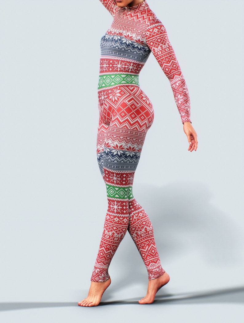 2020 Christmas Unitard Workout Bodysuit Sports Jumpsuit Women Activewear Ladies Zipper Full Body Playsuit Red Xmas Catsuit Gym Snowflake image 3