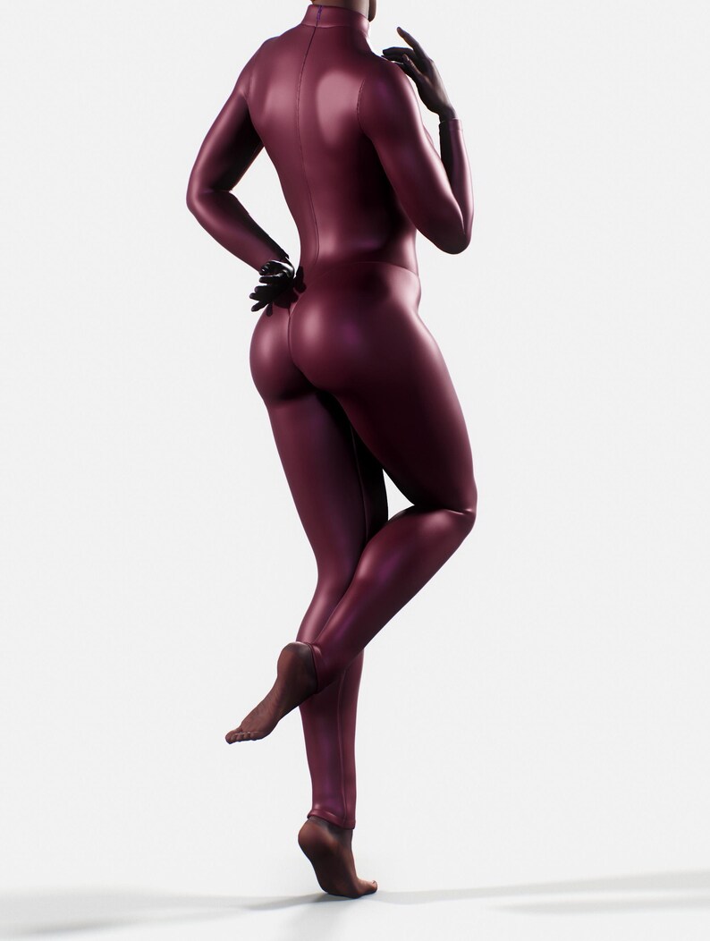 May include: A burgundy full-body catsuit with a high collar and long sleeves. The catsuit is form-fitting and has a shiny appearance. The person is wearing black gloves and is barefoot.