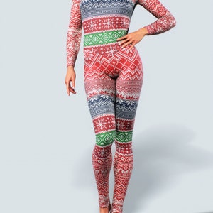 2020 Christmas Unitard Workout Bodysuit Sports Jumpsuit Women Activewear Ladies Zipper Full Body Playsuit Red Xmas Catsuit Gym Snowflake image 7