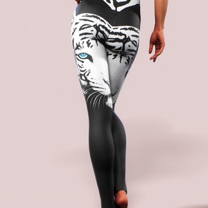 Tiger Albino Straps Leggings Animal Pattern Print Yoga Pants Women Sportswear Black White Gym Activewear Plus Size High Waist Apparel zdjęcie 7