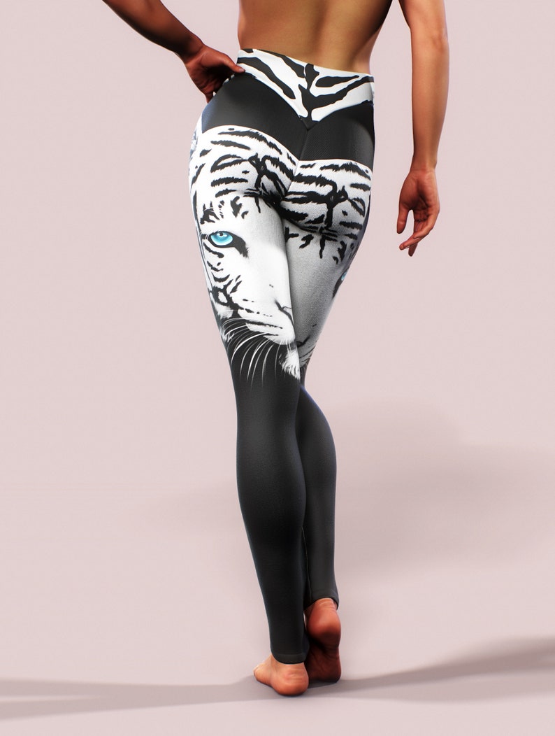 Tiger Albino Straps Leggings Animal Pattern Print Yoga Pants Women Sportswear Black White Gym Activewear Plus Size High Waist Apparel zdjęcie 7