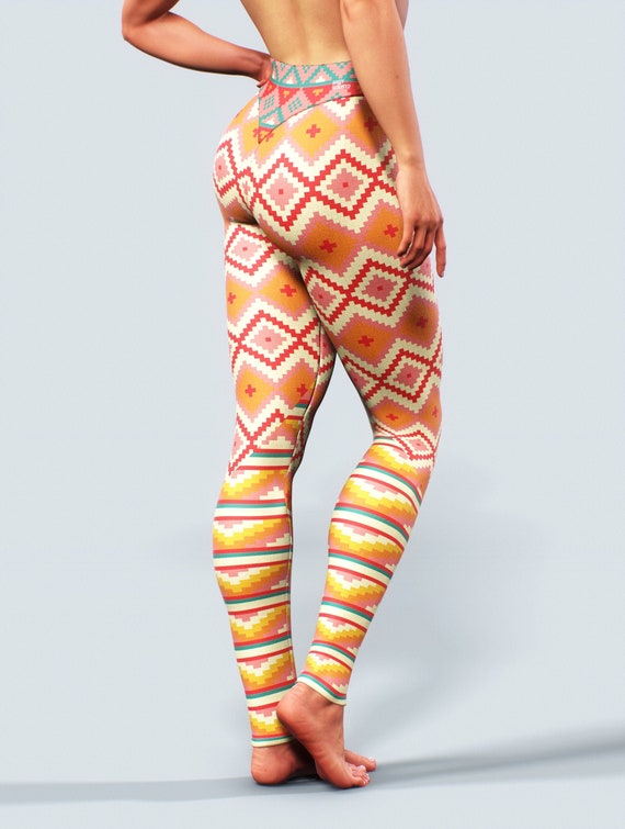 Aztec Pattern Leggings Red Orange Tights Women Yoga Pants High