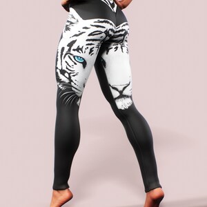 Tiger Albino Straps Leggings Animal Pattern Print Yoga Pants Women Sportswear Black White Gym Activewear Plus Size High Waist Apparel zdjęcie 3