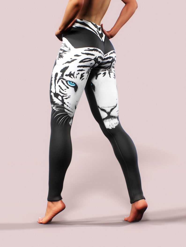 Tiger Albino Straps Leggings Animal Pattern Print Yoga Pants Women Sportswear Black White Gym Activewear Plus Size High Waist Apparel zdjęcie 3