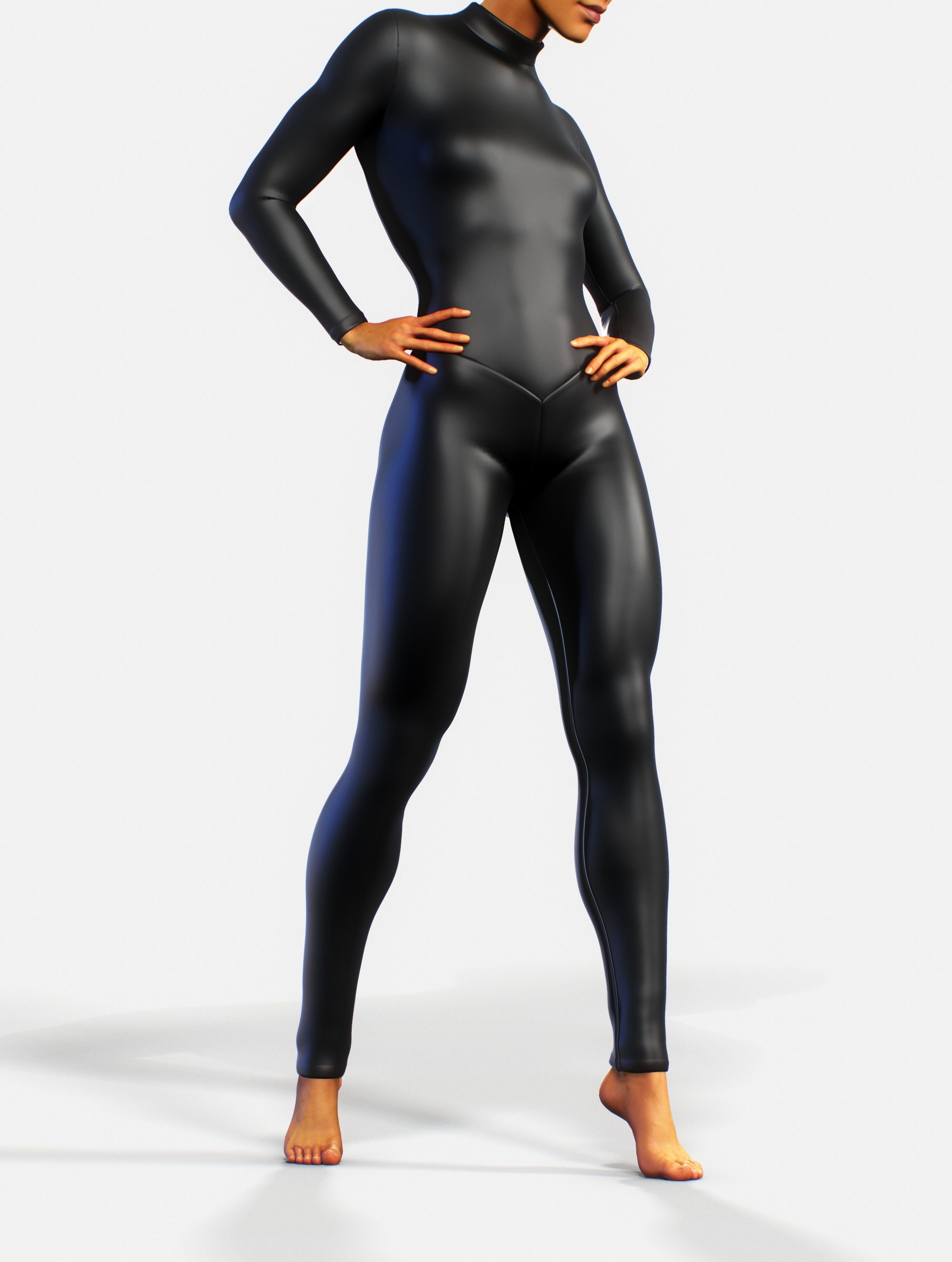 BDSM Concepts. Back View of Caucasian Female in Sexy Leather Bodysuit  Prepared for Sado-Masochism Play. Pulling Pants Off the Buttocks. Over  Black. Stock Photo