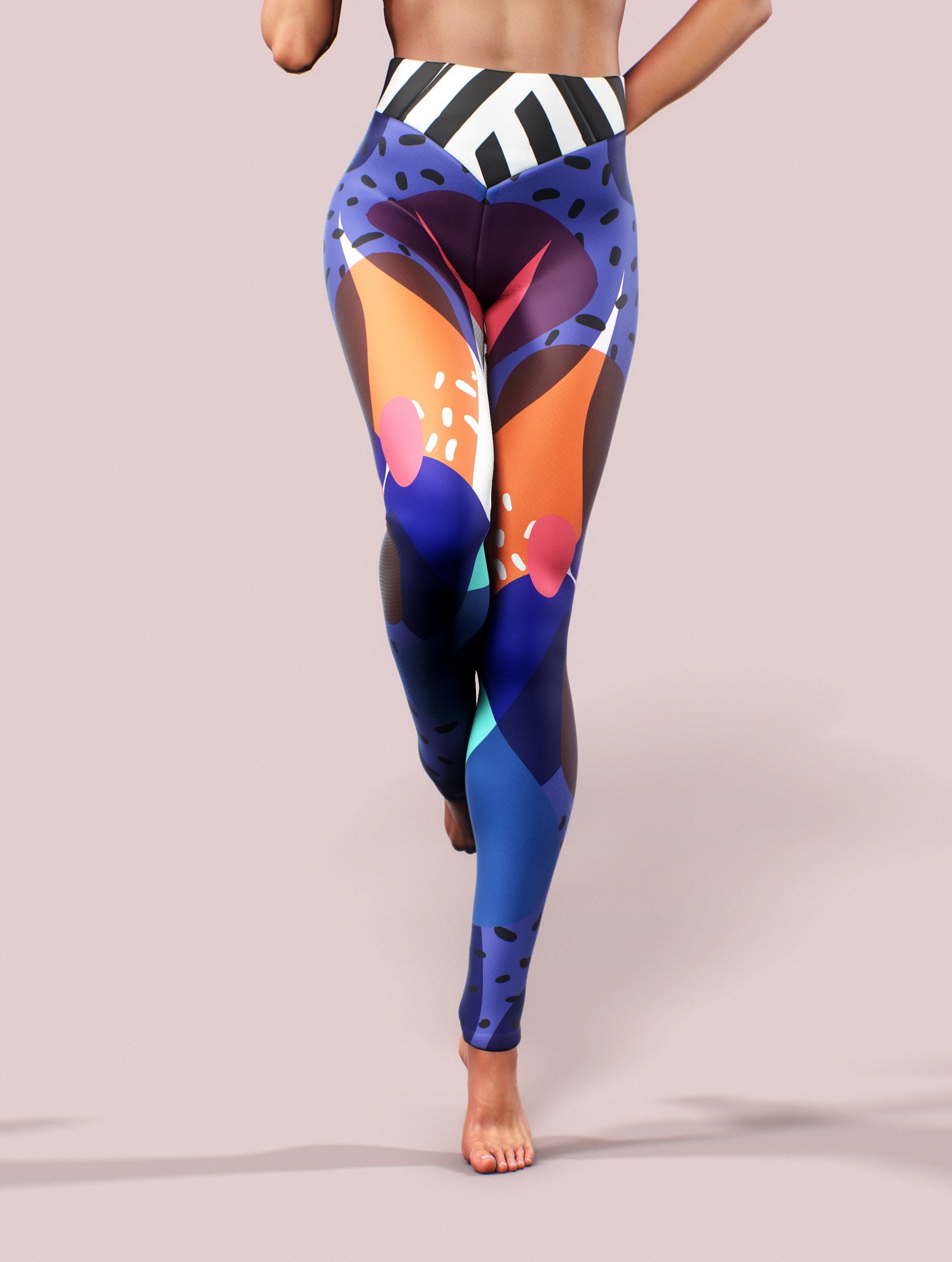 Push up Tights Women Activewear Blue Tropical Summer Pattern Leggings  Shaping Belt Sport Apparel Athletic Yoga Pants Slim Trousers Workout 