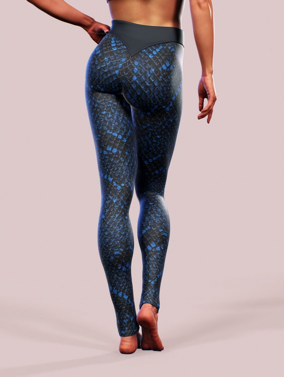 Snake Skin Blue Leggings Animal Pattern Boa Python Print Yoga