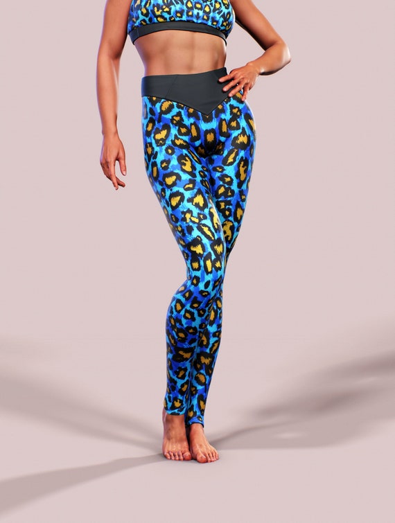 Leopard Print Leggings Blue Cat Pattern 