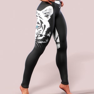 Tiger Albino Straps Leggings Animal Pattern Print Yoga Pants Women Sportswear Black White Gym Activewear Plus Size High Waist Apparel zdjęcie 4