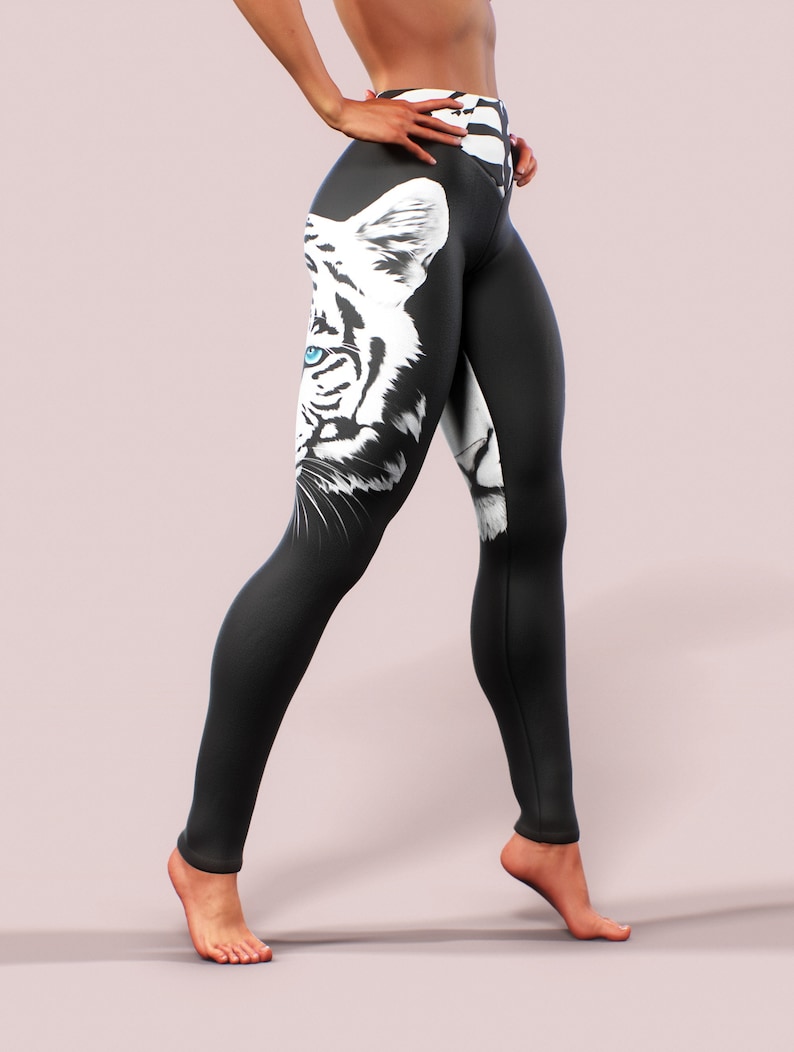 Tiger Albino Straps Leggings Animal Pattern Print Yoga Pants Women Sportswear Black White Gym Activewear Plus Size High Waist Apparel zdjęcie 4