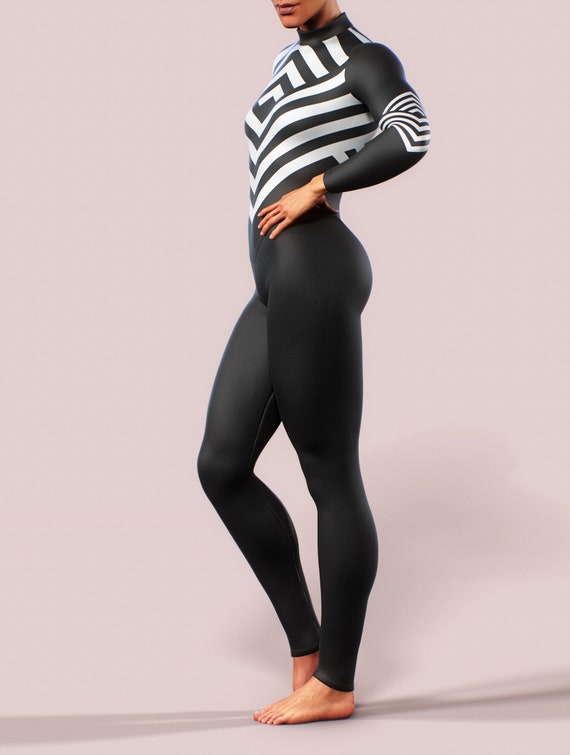 Optical Illusion Bodysuit Women Clothing Athletic Black White