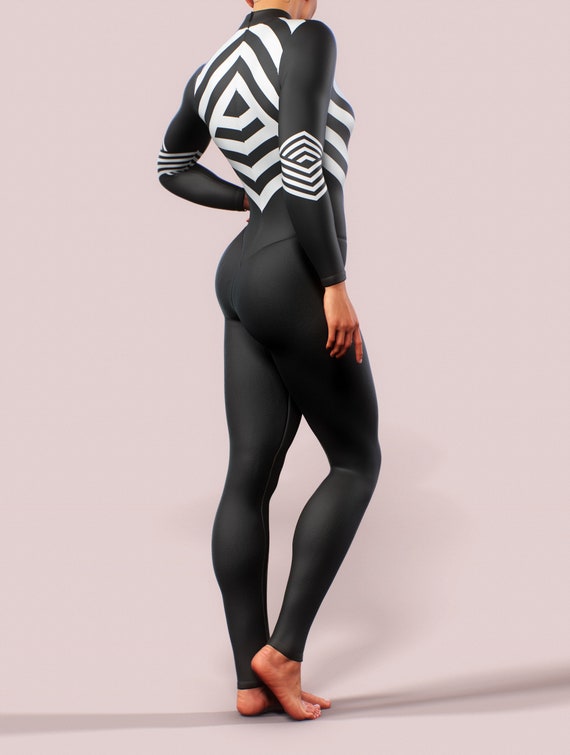 Optical Illusion Bodysuit Women Clothing Athletic Black White
