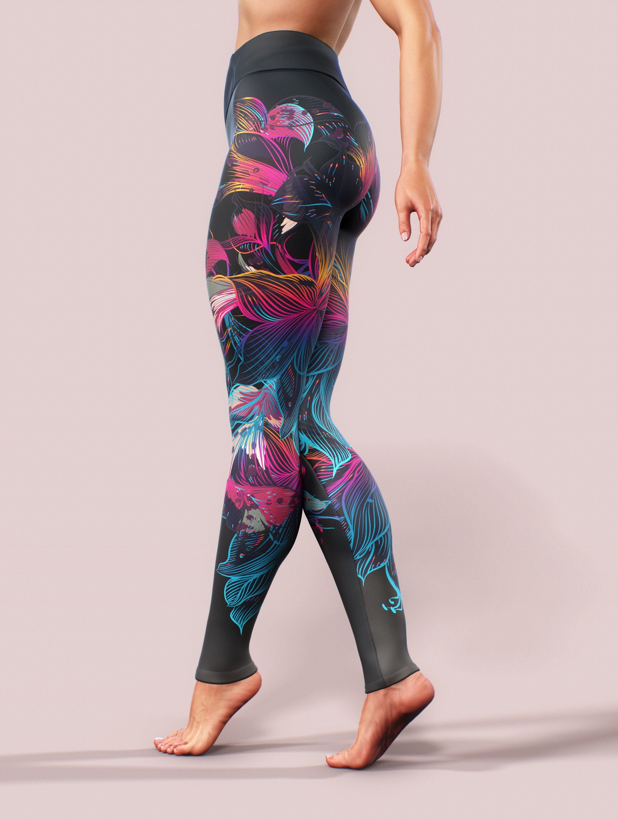 Black Fire Flowers Leggings Flames Yoga 