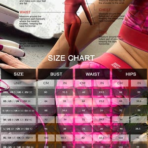May include: Size chart for "Booty Sculpted" activewear, with bust, waist, and hip measurements in inches and centimeters. Includes a headless mannequin and instructions for measuring height, waist, chest, hips, and sleeve length. The chart ranges from size XXS to 0X.