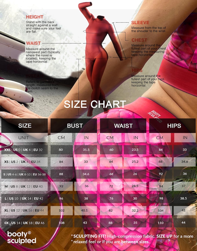 May include: Size chart for "Booty Sculpted" activewear, with bust, waist, and hip measurements in inches and centimeters. Includes a headless mannequin and instructions for measuring height, waist, chest, hips, and sleeve length. The chart ranges from size XXS to 0X.