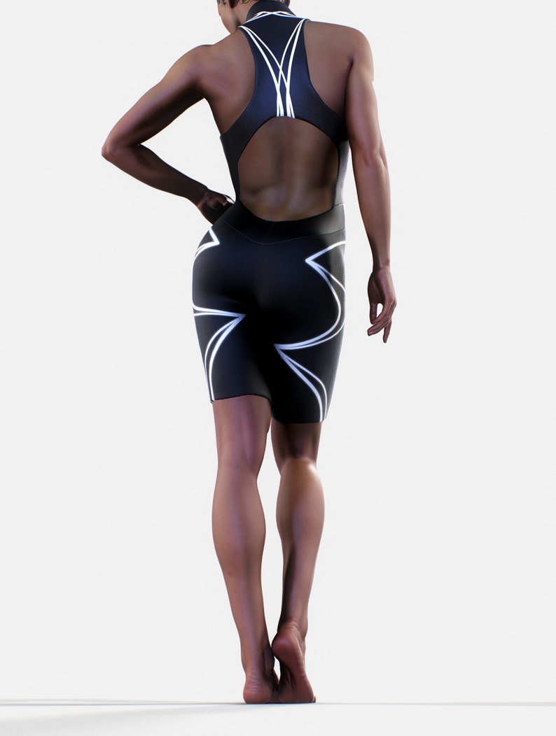 May include: Black one-piece athletic suit with white geometric design. The suit has a high neckline and a cutout back.
