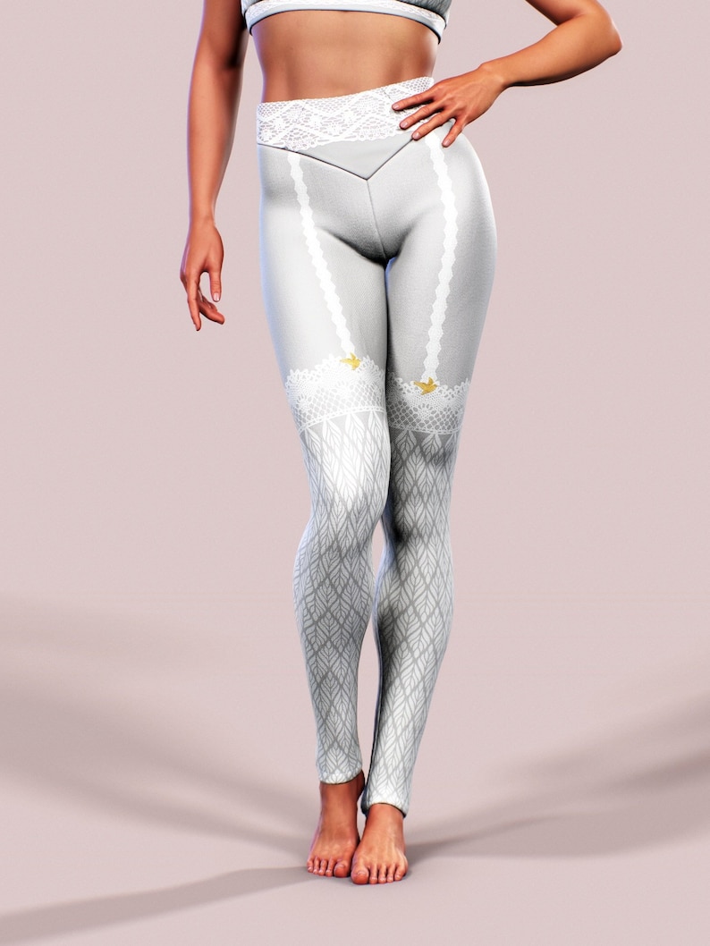 Garter Lace Leggings Grey Women Yoga Pants Suspenders Printed Etsy