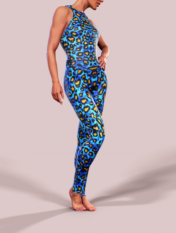 Blue Leopard Bodysuit Sports Women Suit Romper Animal Print Cat Athletic  Sportswear Train Activewear Gym One Piece Clothing Workout Apparel 