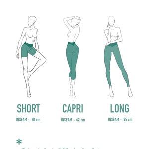 May include: A Booty Sculpted diagram showing three figures wearing teal shorts, capris, and leggings. Labels include Short with 20 cm inseam, Capri with 62 cm inseam, and Long with 95 cm inseam. Text notes inseam length varies by 2-3 cm per size.