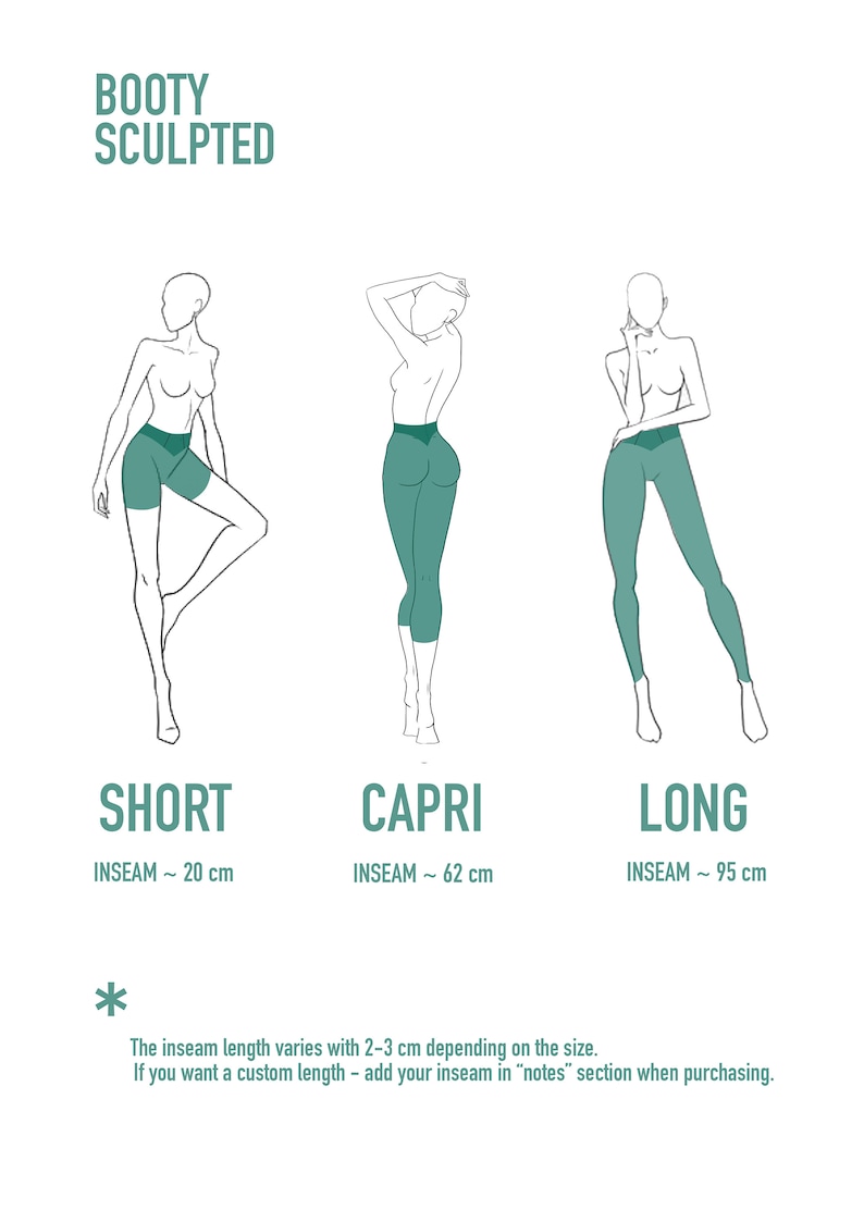 May include: A Booty Sculpted diagram showing three figures wearing teal shorts, capris, and leggings. Labels include Short with 20 cm inseam, Capri with 62 cm inseam, and Long with 95 cm inseam. Text notes inseam length varies by 2-3 cm per size.