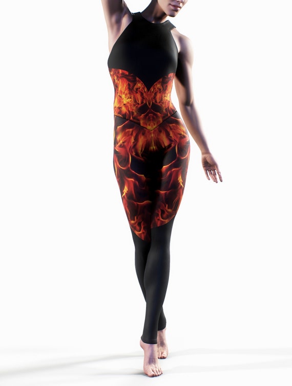 Fire Bodysuit Demon Burning Festival Costume Elastic Sportswear Straps  Catsuit Black Devil Activewear Women Gym Apparel Leggings Stretchy -   Canada