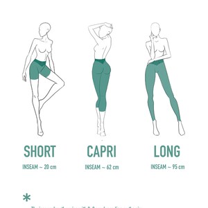 Pu&ograve; includere: Schema di tre tipi di leggings: corti, capri e lunghi. Ogni stile &egrave; mostrato su una figura con le misure dell'interno gamba in centimetri. Il testo "BOOTY SCULPTED" &egrave; in alto.