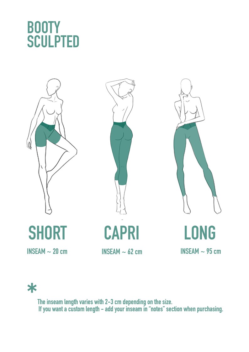 Pu&ograve; includere: Schema di tre tipi di leggings: corti, capri e lunghi. Ogni stile &egrave; mostrato su una figura con le misure dell'interno gamba in centimetri. Il testo "BOOTY SCULPTED" &egrave; in alto.