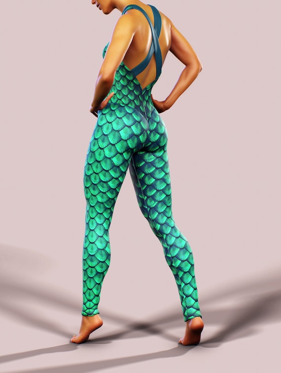 One Piece Mermaid Catsuit Workout Green Bodysuit Dragon Scale