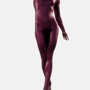 May include: A full-body, form-fitting burgundy bodysuit with long sleeves and a high neckline. The shiny material reflects light, creating highlights and shadows. The bodysuit has a V-shaped waistline and is worn barefoot.