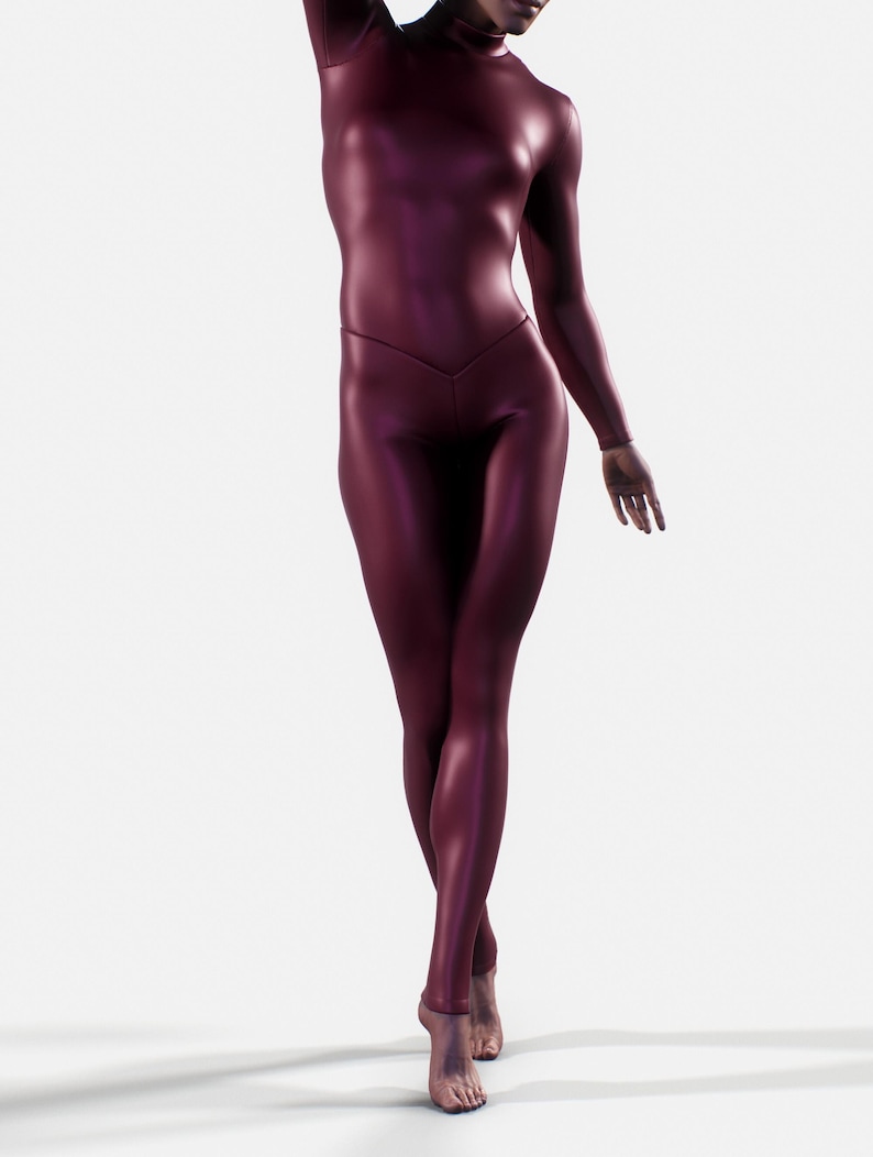 May include: A full-body, form-fitting burgundy bodysuit with long sleeves and a high neckline. The shiny material reflects light, creating highlights and shadows. The bodysuit has a V-shaped waistline and is worn barefoot.