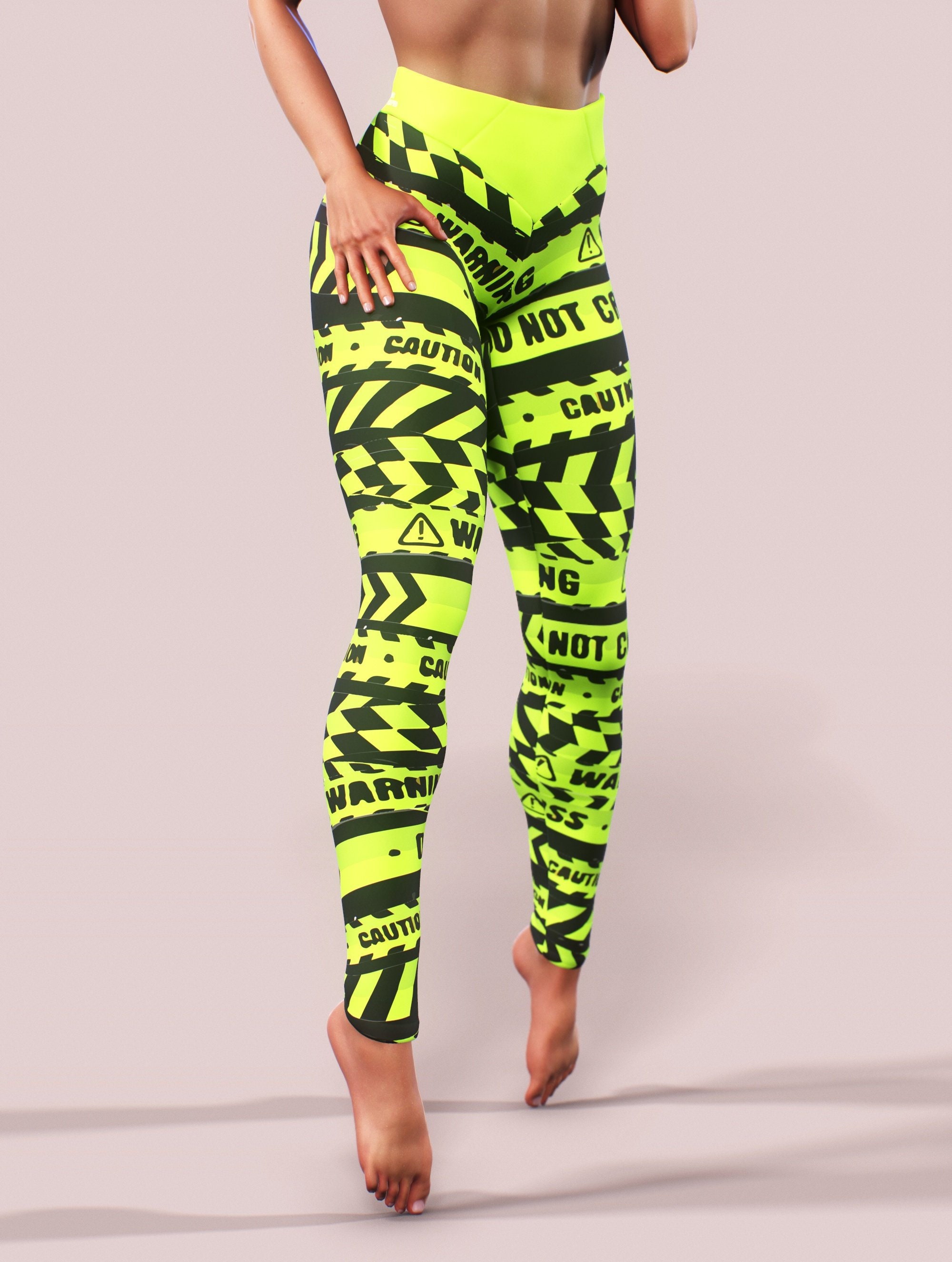 Caution Signs Leggings Warning Workout Clothing Neon Green Printed Tights  Women Yoga Pants Shaping Belt Gym Outfit Fitness Activewear -  New  Zealand