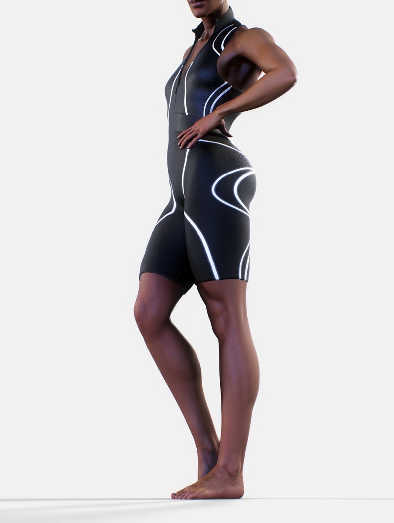 May include: A black one-piece athletic suit with white reflective lines. The suit has a zipper at the neck and a sleeveless design.
