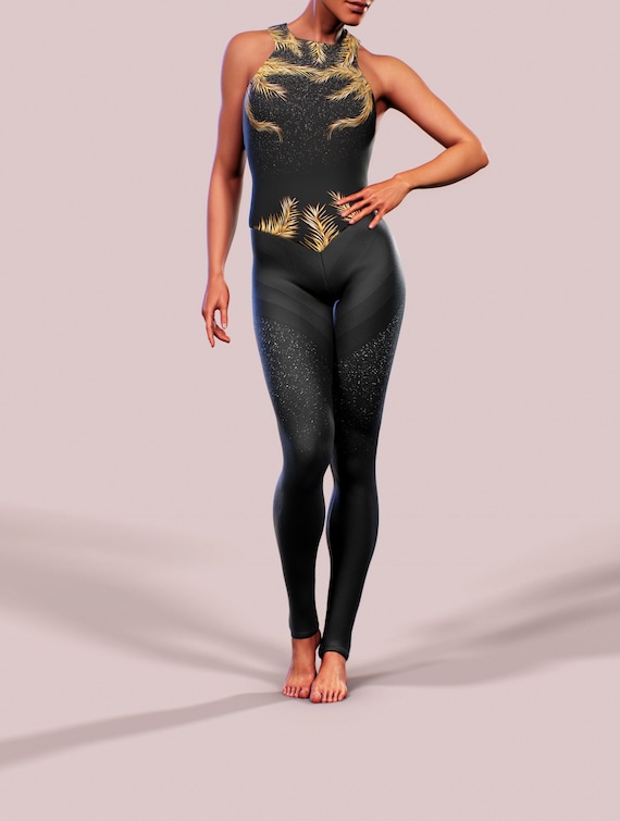 Black Catsuit Elegant Sparkle Gold Christmas Bodysuit Golden