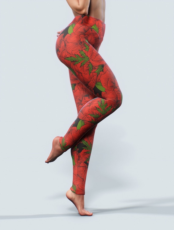 Red Poppy Gym Leggings Fitness Workout 