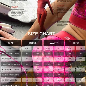 以下が含まれることがあります： 「Booty Sculpted」アクティブウェアのサイズチャート。バスト、ウエスト、ヒップのサイズをcmとインチで表示。頭のないマネキンと、身長、ウエスト、胸囲、ヒップ、袖丈の測り方の説明付き。サイズはXXSから0Xまで。