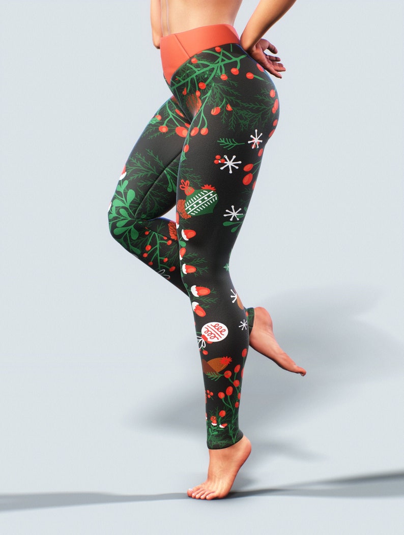 2020 Christmas Collection Leggings Workout Apparel Red Mistletoe Floral Holiday Gift Activewear Women Yoga Pants High Waisted Winter Gym image 1