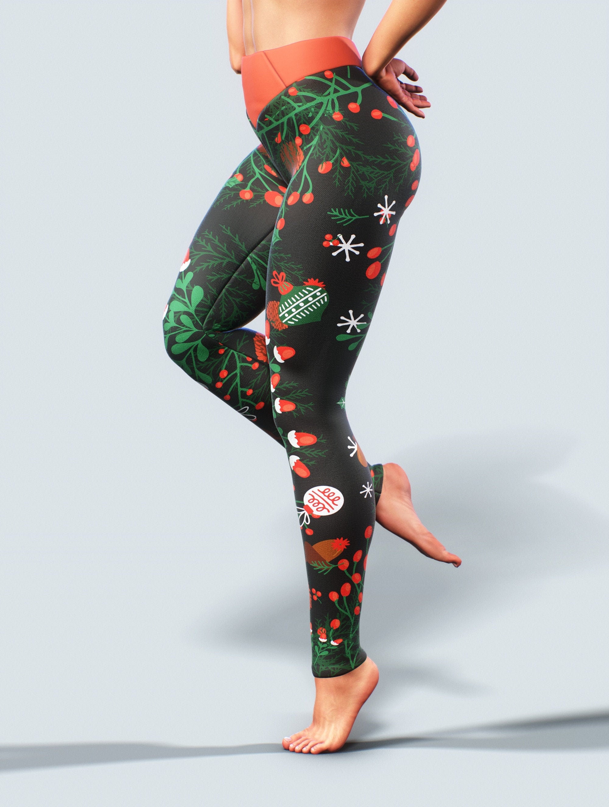 Christmas Collection Leggings Workout Apparel Red Mistletoe Floral Holiday Gift Activewear Women Yoga Pants High Waisted Winter Gym Etsy