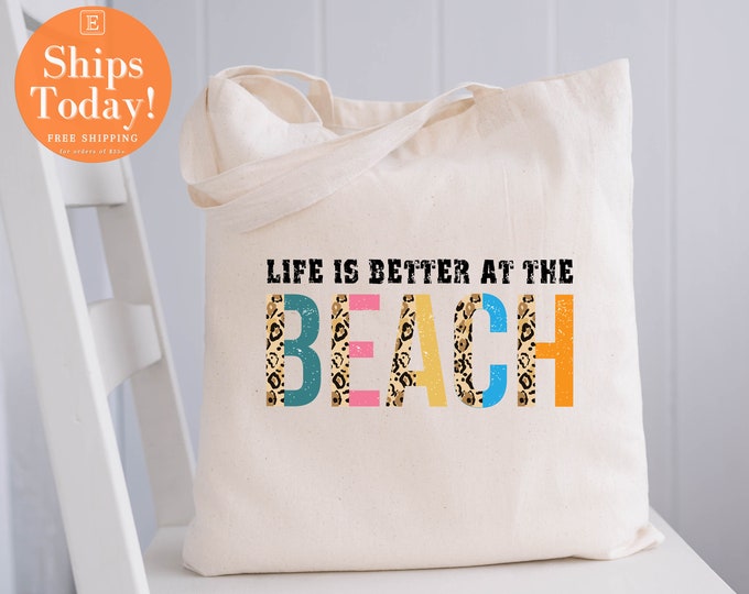 Life is Better at the Beach, Cute Canvas  tote bag, Travel, Everyday, Canvas  tote bag with Zipper, Fabric Shoulder Bag