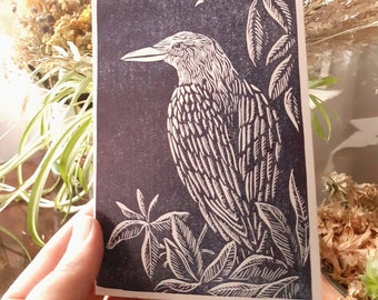 Linocut of a crow on A6 card + envelope