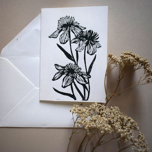 Linogravure de fleurs  carte A6 + enveloppe